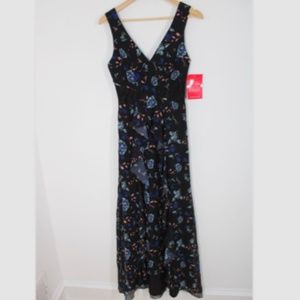 NWT Little Mistress 2 Black Minnie Floral Lace-Insert Ruffle Tank Maxi Dress